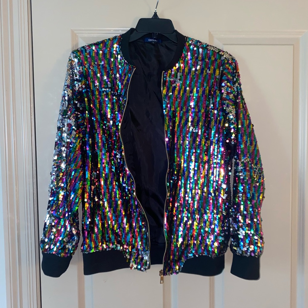 Cresay rainbow sequin zip-up jacket
